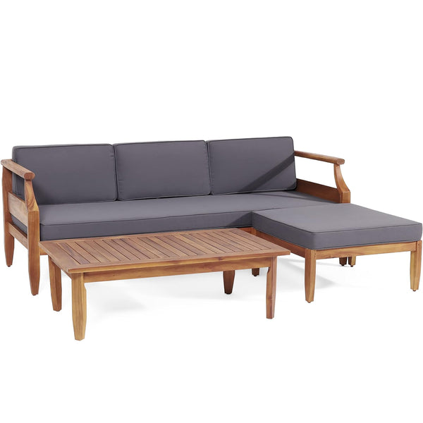 Bianca Outdoor Acacia Wood 3 Seater Sofa Chat Set with Ottoman