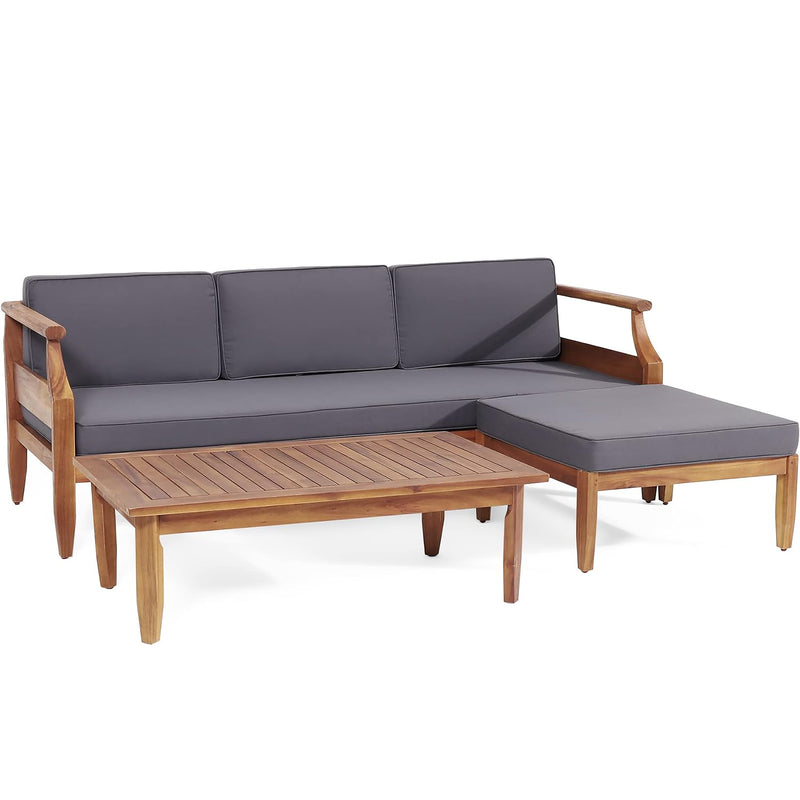 Bianca Outdoor Acacia Wood 3 Seater Sofa Chat Set with Ottoman