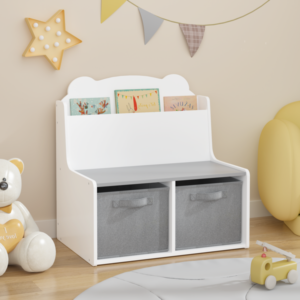 Kids Bookshelf with Storage Bins – Wooden Bookcase with Book Display Shelf and 2 Fabric Bins, Cute Bear-Shaped Backboard, Toy Organizer for Toddlers and Children, White and Gray