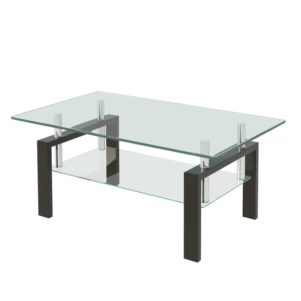 Modern Tempered Clear Glass Coffee Table with 2-Layers and Waterfall Edges for Living Room