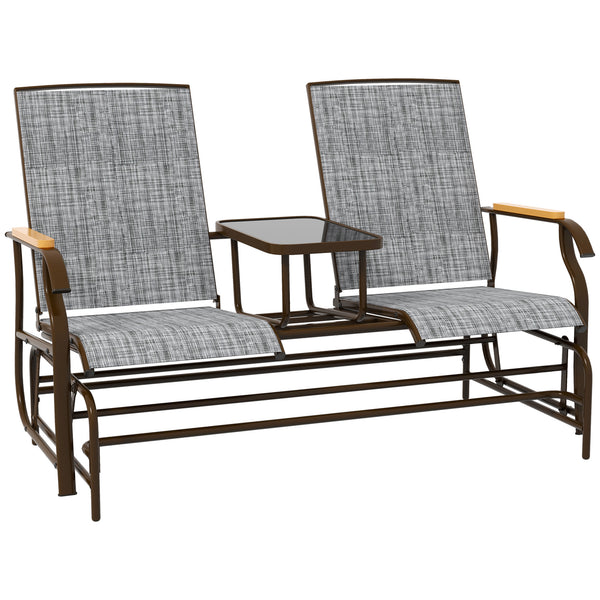 Outsunny 2 Person Outdoor Glider Bench, Patio Swing Glider Chair Loveseat with Breathable Mesh, Table, Steel Frame for Garden, Backyard, Porch, Gray