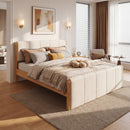 Queen Size Upholstered Bed Frame, Natural Wood Trim with White Fabric, Pine Wood with MDF, 500 LBS Capacity, Fits 8'-10' Mattress, No Box Spring Needed