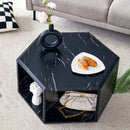 Hexagonal MDF coffee table, characteristic black marble pattern stickers, multi-hole design to give more storage space, simple and convenient design makes it suitable for all kinds of style scenes.