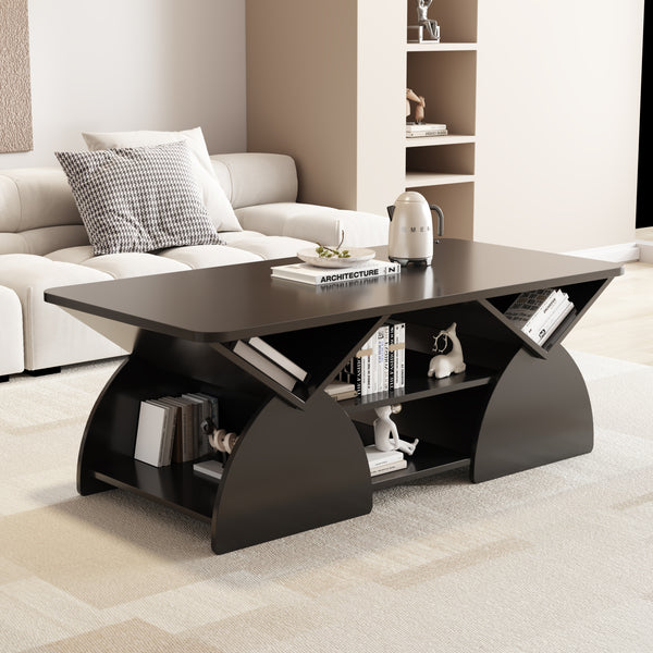 Engineered wood rounded corner rectangular coffee table for living room, easy assembly storage table with open shelves sturdy frame for Reception Room, Modern Coffee Table Geometric Design BLACK