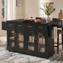K&K 65' Kitchen Island with Storage & Drop Leaf, Rolling Island Cart on Wheels with Arched Glass Door, Power Outlet, Island Table for Kitchen with 4 Drawers, Spice Rack & Towel Rack, Black