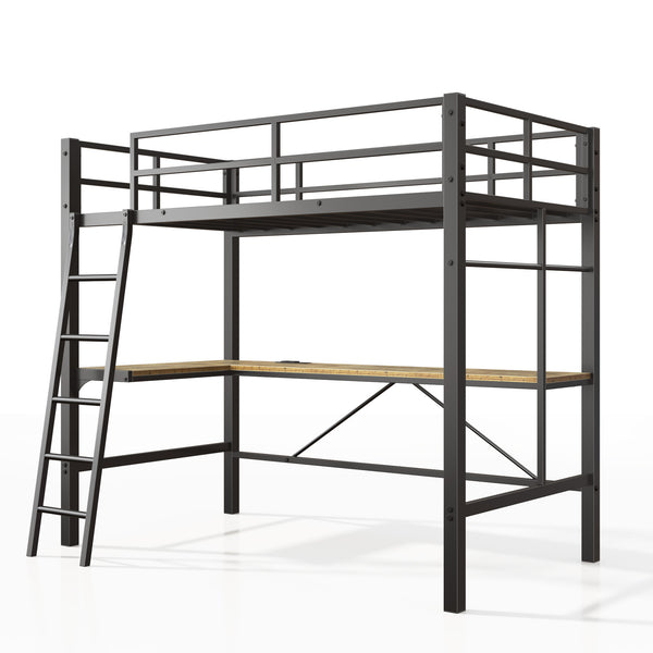 Twin Metal Loft Bed with L-Shaped Desk and Charging Station, Safety Guard, Ladder, Black, MDF+Metal, 77.48x42.36x72.83 inches