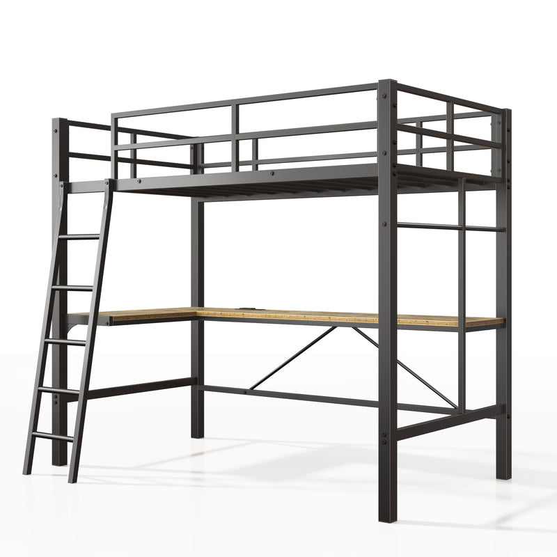 Twin Metal Loft Bed with L-Shaped Desk and Charging Station, Safety Guard, Ladder, Black, MDF+Metal, 77.48x42.36x72.83 inches