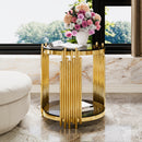 Modern Black Mirror End Table for Living Room, Round, Asymmetrical Metal, Gold Finish & Lower Shelf, 19.8'