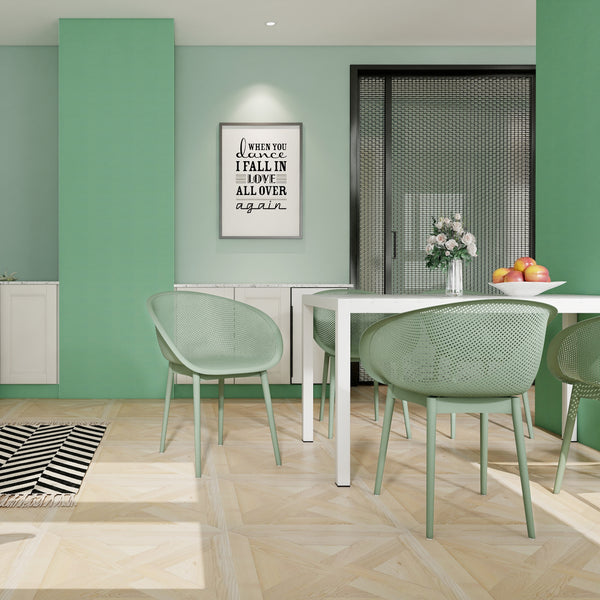2-Pack Pale Green Modern Lounge Chairs – Indoor/Outdoor All-Weather PP Plastic with 55 Inch White Modern Long Table - Indoor/Outdoor- Lightweight PP Tabletop with Metal