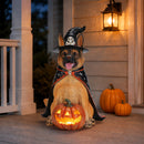 Halloween German Shepherd Dog Statue, Large Sitting Dog Figurine with Witch Hat & Cape, LED Light Up Jack-O-Lantern Pumpkin