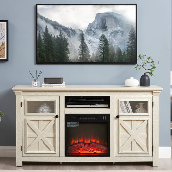2 Doors Cabinet Farmhouse  Cabinet, Farmhouse TV Stand Barn Design,Modern Farmhouse TV Media Stand, Large Barn Inspired Home Entertainment Console with 18' fireplace insert,WHITE,60.23'W*15.35'D*31.7H