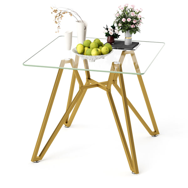 Modern Gold Glass Dining Table with Metal Legs for 2-4 People, 35.4-Inch Square