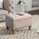 Square velvet upholstered Ottoman with storage space, hidden support hinge with easy to open top, rivet trim around (Pink)