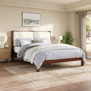 Solid Wood Queen Size Platform Bed Frame with Beige Velvet Upholstered Headboard, Espresso, No Box Spring Needed