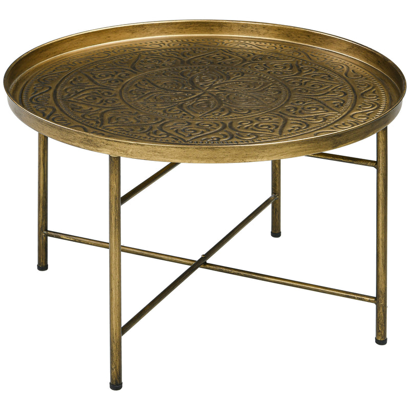 HOMCOM 24' Round Coffee Table with Hammered Tray Top, Vintage Metal Center Table for Living Room, Bedroom, Side Table, Gold