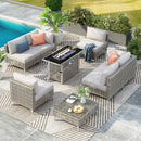 K&K patio 8-Piece Patio Furniture Set with 43' Fire Pit Table, Outdoor Conversation Set & 60,000 BTU 43 Inch Rectangle Propane Fire Pit with Water Resistant Grey Thick Cushions, Grey