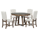 TREXM Retro Dining Set with Extendable Round Table and Upholstered Chairs, Walnut Finish, Solid Wood Construction