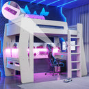 Twin/Full Size Gaming Loft Bed, All-in-One Gaming Bed with Desk, Gaming Bed with Storage, Gaming Loft Bed with Led Light, Esports Style Loft Bed Frame for Teens, Space Saving Loft bed.Beige
