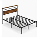 Black & Vintage Brown Queen Platform Bed Frame with Charging Station & Headboard Shelves, Metal Frame with Wooden Headboard, 60.4' x 84.7'