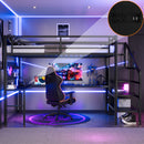 Full XL Size Loft Bed with L-shaped Desk and USB, Metal Loft Bed with Wardrobe and Adjustable Shelf, High Loft Bed with LED for Kids Teens Adults, Black