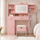 Vanity Desk with Mirror and Lights, with Hidden Shelves,4 Compartments,2 Drawers,Cabinet & Stool,Dimmable LED Lights,Power Outlets, Ideal for Bedroom Vanity Organization Pink