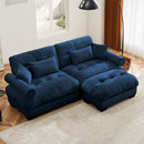 Over Size Modern Two-seater Sofa with Ottoman, Velvet 2-Seater with Round Bolster Armrests,With Waist Pillow and Throw Pillows,Small L Shape Sofa For Living Room, Reading Room  Blue