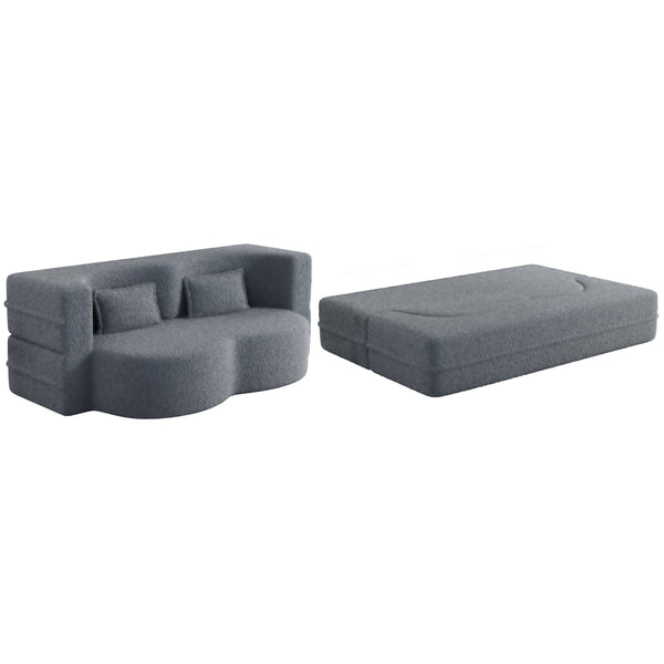 Modern Floor Sofa, with 2 Pillows, Convertible Teddy Fabric Foam Filled Bed, 15 inch Full Size Folding Mattress, Suitable for Living Room, Guest room, Game Room, Grey