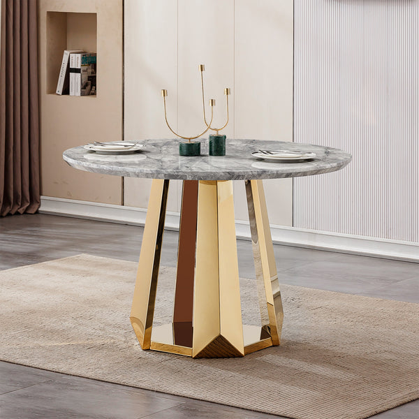 47' Round Marble Dining Table, Modern Kitchen Table with High Gloss Faux Marble Tabletop and Stainless Steel Base for Dining Room, Kitchen (Gold,Gray)(only table)