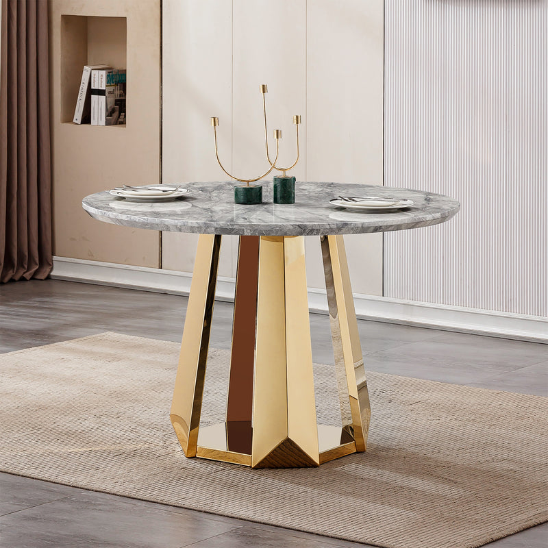 47' Round Marble Dining Table, Modern Kitchen Table with High Gloss Faux Marble Tabletop and Stainless Steel Base for Dining Room, Kitchen (Gold,Gray)(only table)
