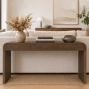 Dark Brown Curved Design 3-Drawer Long Console Table,  Entryway Sofa Table with Gold Pull Handles, Storage Accent Table for Living Room Hallway Foyer