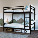 Metal bunk bed, suitable for children/teenagers/adults, with 14.29-inch high safety rails, 19 crossbars on each bunk, single-bunker support of 400 lbs or more, and storage space under the bed. Black