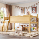 Twin Size Loft Bed with Full-Length Guardrails, Solid Wood Low Loft Bed with Ladders and Beside Book Shelf, Chic Shape and Low Profile Design, Natural