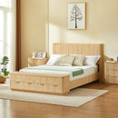 Queen Size Fluted Bed Frame with Storage, Wood & Steel Platform Bed with Footboard Bench & Hydraulic Lift Drawers, No Box Spring Needed (Oak).