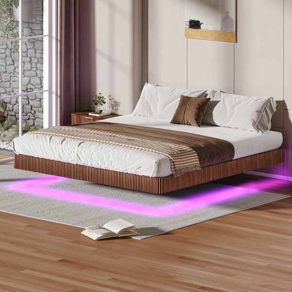 Walnut King Floating Bed Frame with LED Lights, Wave Curve Wood Texture Bed with Heavy Duty Metal Slats - No Box Spring Needed.