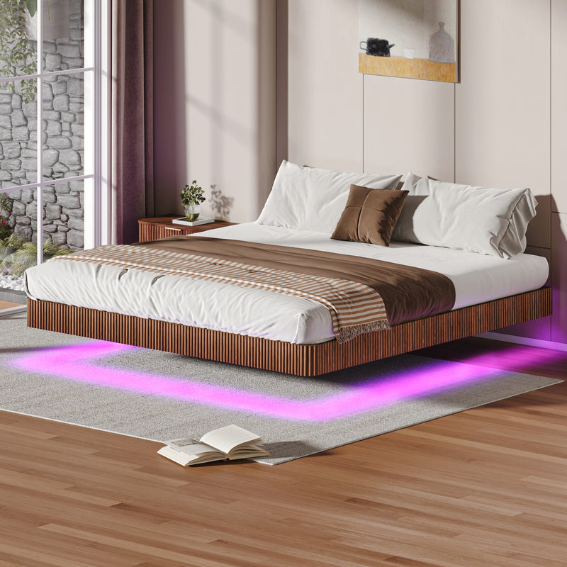 Walnut King Floating Bed Frame with LED Lights, Wave Curve Wood Texture Bed with Heavy Duty Metal Slats - No Box Spring Needed.