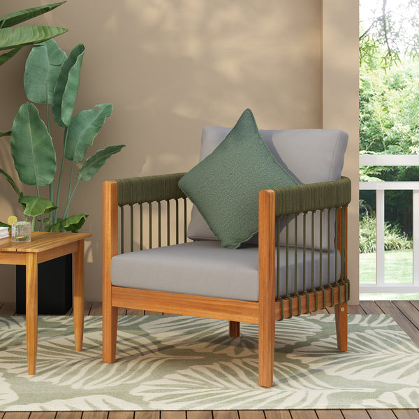 Acacia Wood Outdoor Club Chair with Handwoven Rope Accents & Curved Backrest - Water-Resistant Boho Patio Lounge Chair with Removable Cushions for Porch, Garden
