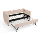 Cozy Gingham Daybed with Trundle Twin Size Sofa Bed No Box Spring Needed, USB Port, Wave Shaped Design, Pink Linen Fabric