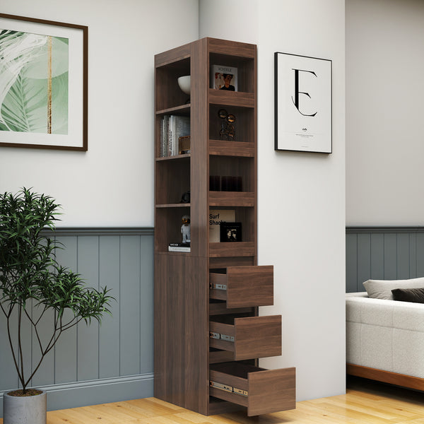 70.87' H Display Storage  Cabinet , 4-Tier Shelf, 3 Side Drawers & 4 small display shelves , Modern Wooden Tall Bookshelf Bookcase for Living Room Home Office