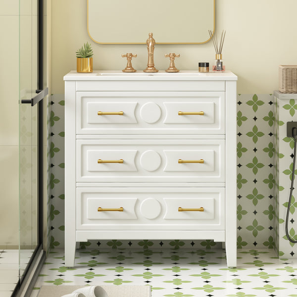 30'' Bathroom Vanity with Ceramic Sink Combo, Free Standing Single Vanity Set with 3 Drawers, Solid Wood Frame Bathroom Storage Cabinet, White