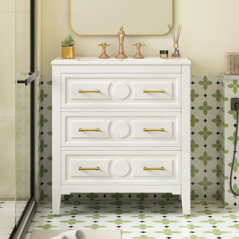 30'' Bathroom Vanity with Ceramic Sink Combo, Free Standing Single Vanity Set with 3 Drawers, Solid Wood Frame Bathroom Storage Cabinet, White