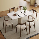 Retractable Rock Slab Dining Table Set, Modern 7-Piece Expandable Table with 6 Wooden Leg Chairs & Leather-Wrapped Base, Space Saving Kitchen Set for Small Apartments