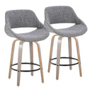 26' Mid-Century Modern Fixed-Height Counter Stool with Swivel in Light Grey Wood and Grey Noise Fabric with Round Black Metal Footrest  - Set of 2