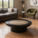 Modern Round Coffee Table with High-Gloss MDF Base and Wood Veneer Top, 32.67 Inch Width, Black Finish