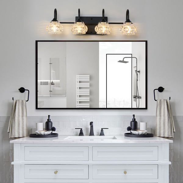 23' Retro 4-Light Bathroom Vanity Light Fixture - Black Finish with Crystal Glass Shades, Wall Mounted Lighting for Bathroom, Powder Room, and Vanity Mirror (No Bulbs)
