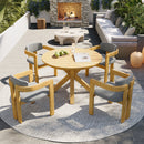 5-Piece Outdoor Acacia 	Wood Round Dining Set, Solid Wood Patio Table with 4 Barrel Chairs, Cushioned Seats & Backs, Modern Garden Conversation Set, Gray Cushion