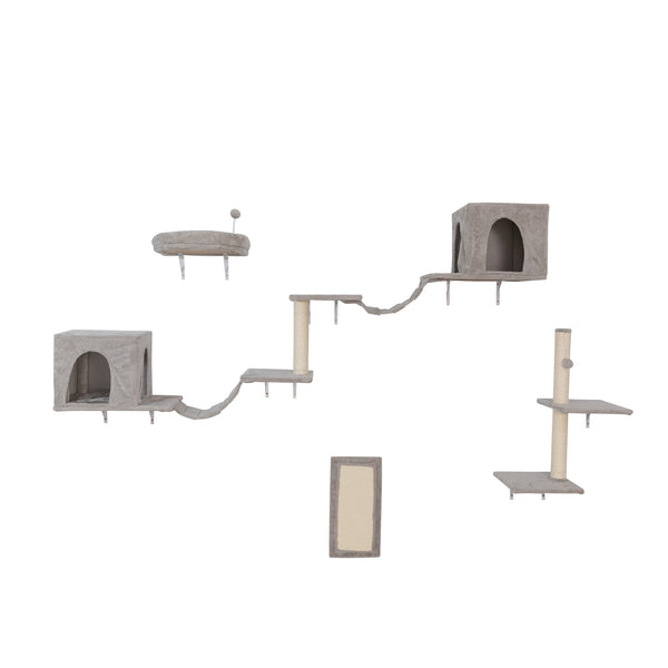Wall-mounted Cat Tree, Cat Furniture with 2 Cat Condos House, 3 Cat Wall Shelves, 2 Ladder, 1 Cat Perch, Sisal Cat Scratching Posts and Pad
