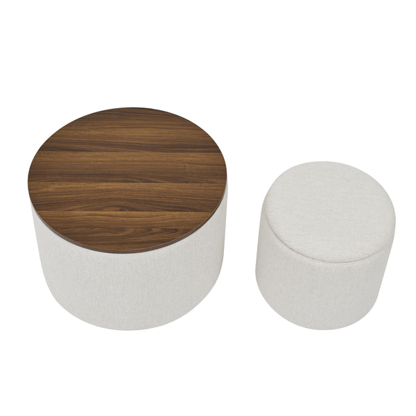 Classic 2-Piece Round Chenille Storage Ottoman Set with Drum Shaped Stool and MDF Desktop Panel in Beige