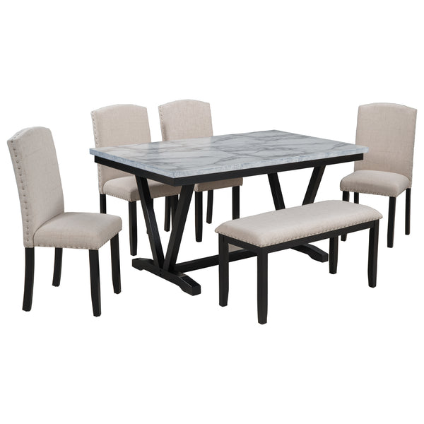 TREXM Modern Style 6-piece Dining Table Set with Marbled Veneers Top and V-shaped Legs, White