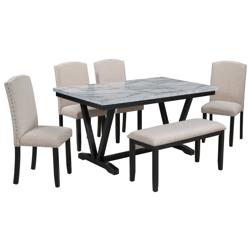 TREXM Modern Style 6-piece Dining Table Set with Marbled Veneers Top and V-shaped Legs, White