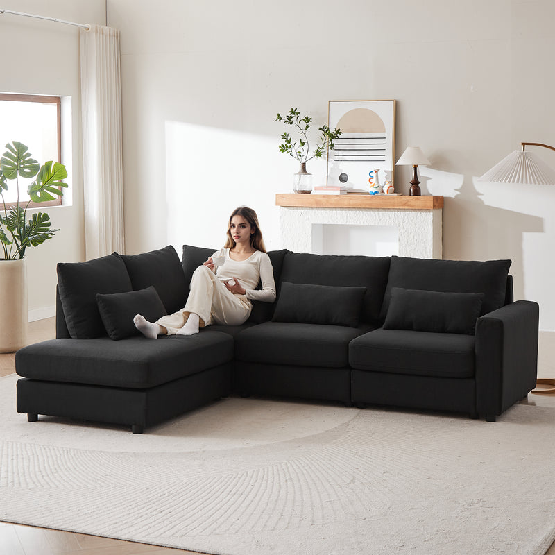 MH100.2' Sofa Convertible L-shaped linen sofa with ottoman Plastic legs with 5 cushions 4 lumbar pillows Comfortable combination sofa for living room apartment office,black